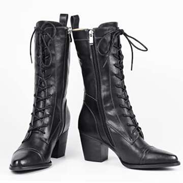 UTIKLIOU Women's Mid Calf Boots Lace-Up Combat Boots Side Zipper Fashion Winter Boots (Black size 9)