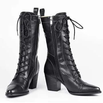 UTIKLIOU Women's Mid Calf Boots Lace-Up Combat Boots Side Zipper Fashion Winter Boots (Black size 9)