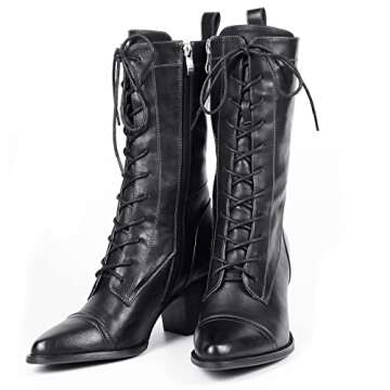 UTIKLIOU Women's Mid Calf Boots Lace-Up Combat Boots Side Zipper Fashion Winter Boots (Black size 9)