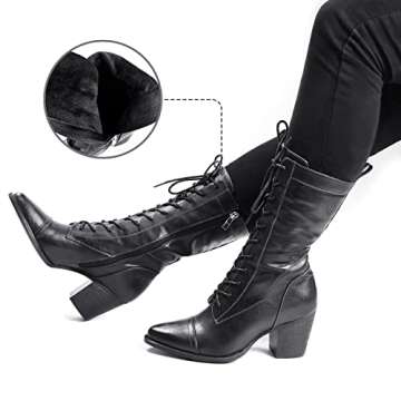 UTIKLIOU Women's Mid Calf Boots Lace-Up Combat Boots Side Zipper Fashion Winter Boots (Black size 9)