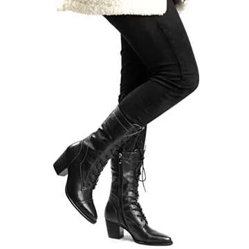 UTIKLIOU Women's Mid Calf Boots Lace-Up Combat Boots Side Zipper Fashion Winter Boots (Black size 9)