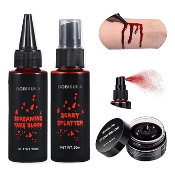 BOBISUKA 3PCS Halloween Fake Blood Makeup Kit - Coagulated Blood 1.41oz + Fake Blood Spray 1.76oz + ...