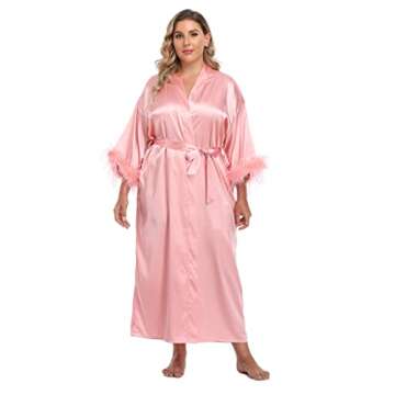 MissNina Women's Long Satin Kimono Robe with Ostrich Feather Trim Silk Robes Full Length Sleepwear W...