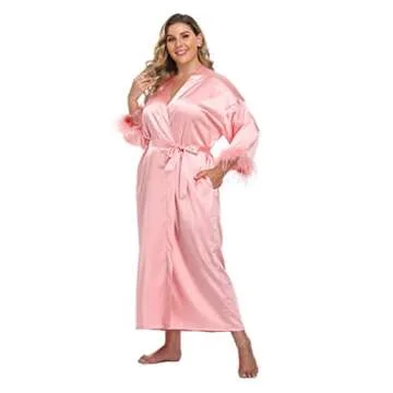 MissNina Women's Long Satin Kimono Robe with Ostrich Feather Trim Silk Robes Full Length Sleepwear Wedding Bridesmaid Robe, Long