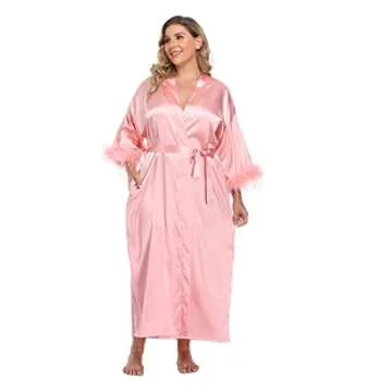 MissNina Women's Long Satin Kimono Robe with Ostrich Feather Trim Silk Robes Full Length Sleepwear Wedding Bridesmaid Robe, Long