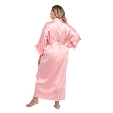 MissNina Women's Long Satin Kimono Robe with Ostrich Feather Trim Silk Robes Full Length Sleepwear Wedding Bridesmaid Robe, Long