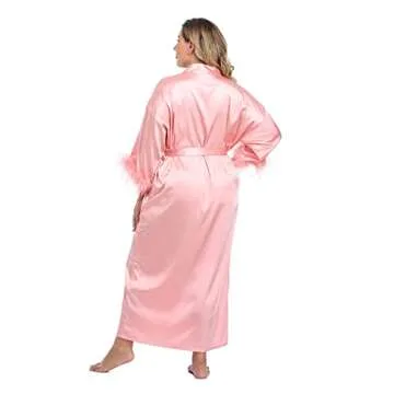 MissNina Women's Long Satin Kimono Robe with Ostrich Feather Trim Silk Robes Full Length Sleepwear Wedding Bridesmaid Robe, Long