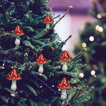 Essenceliving Pack of 6 Mushroom Shaped Personalized Christmas Ornaments Painted Glass Ornaments with Alligator Clip for Christmas Tree Decoration