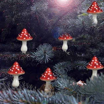 Essenceliving Pack of 6 Mushroom Shaped Personalized Christmas Ornaments Painted Glass Ornaments with Alligator Clip for Christmas Tree Decoration