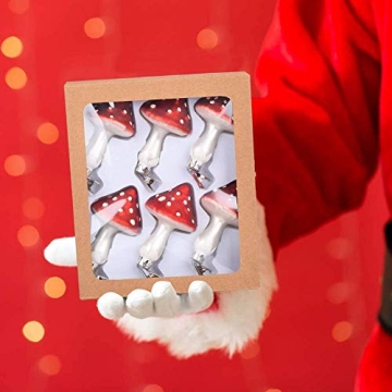 Essenceliving Pack of 6 Mushroom Shaped Personalized Christmas Ornaments Painted Glass Ornaments with Alligator Clip for Christmas Tree Decoration