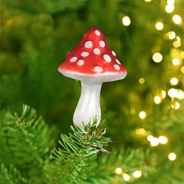 Essenceliving Pack of 6 Mushroom Shaped Personalized Christmas Ornaments Painted Glass Ornaments with Alligator Clip for Christmas Tree Decoration