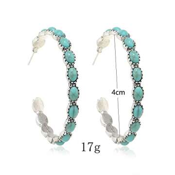 Zhang shine Turquoise Bohemian Dangle Metal Silver-Tone And Faux Turquoise Hoop Earrings Beaded West...
