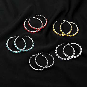 Zhang shine Turquoise Bohemian Dangle Metal Silver-Tone And Faux Turquoise Hoop Earrings Beaded Western Cowgirl Statement Earrings Vintage Valentine Jewelry Gift (Blue)