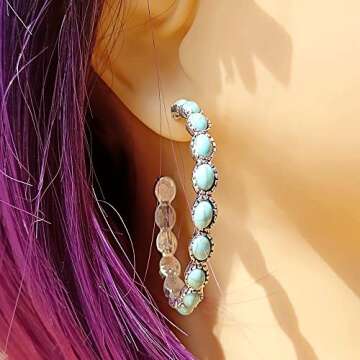 Zhang shine Turquoise Bohemian Dangle Metal Silver-Tone And Faux Turquoise Hoop Earrings Beaded Western Cowgirl Statement Earrings Vintage Valentine Jewelry Gift (Blue)