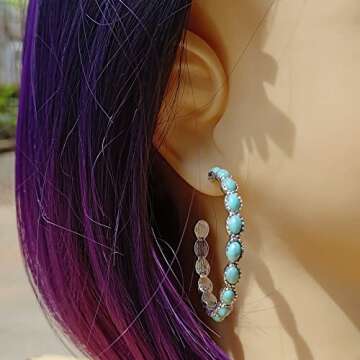 Zhang shine Turquoise Bohemian Dangle Metal Silver-Tone And Faux Turquoise Hoop Earrings Beaded Western Cowgirl Statement Earrings Vintage Valentine Jewelry Gift (Blue)