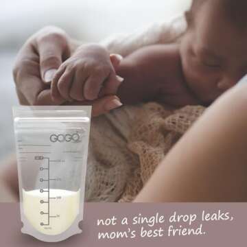 GOGO pure 360 CT (6 Pack of 60 Bags) MEGA Pack Breastmilk Storage Bags - 7 OZ, EACH PRE-STERILIZED By Gamma Ray, BPA Free, Leak Proof Double Zipper Seal, Self Standing, for Refrigeration and Freezing