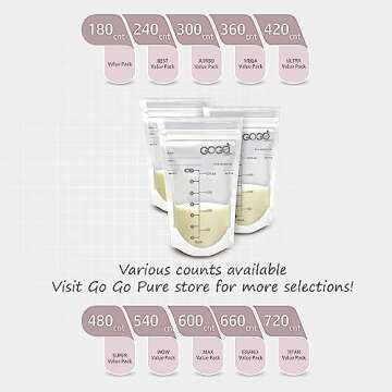 GOGO pure 360 CT (6 Pack of 60 Bags) MEGA Pack Breastmilk Storage Bags - 7 OZ, EACH PRE-STERILIZED By Gamma Ray, BPA Free, Leak Proof Double Zipper Seal, Self Standing, for Refrigeration and Freezing