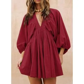 Acelitt Spring Dresses for Women 2025 Fashion Trendy Long Sleeve V Neck Casual Loose Flowy Ruffle A ...
