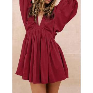 Acelitt Spring Dresses for Women 2025 Fashion Trendy Long Sleeve V Neck Casual Loose Flowy Ruffle A Line Babydoll Mini Dress Beach Vacation Outfits Red M