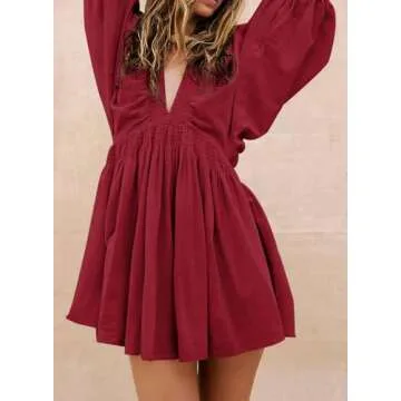 Acelitt Spring Dresses for Women 2025 Fashion Trendy Long Sleeve V Neck Casual Loose Flowy Ruffle A Line Babydoll Mini Dress Beach Vacation Outfits Red M