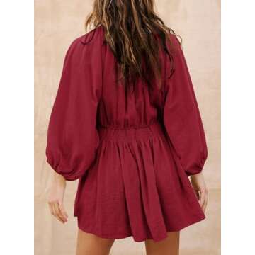 Acelitt Spring Dresses for Women 2025 Fashion Trendy Long Sleeve V Neck Casual Loose Flowy Ruffle A Line Babydoll Mini Dress Beach Vacation Outfits Red M