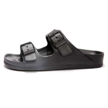 FUNKYMONKEY Women's Comfort Slides Double Buckle Adjustable EVA Flat Sandals (6 M US, Black/Grey)