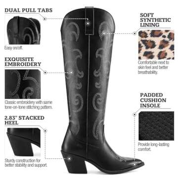 Rollda Cowboy Boots for Women Cowgirl Boots Embroidered Knee-High Western Boots Pointy Toe with Chunky Heel Zipper Black Size 9.5