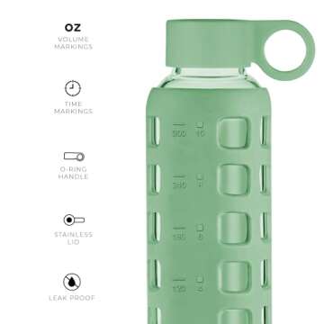 purifyou 40/32/22/12 oz Borosilicate Glass Water Bottles with Volume Markers, Silicone Sleeve, Stainless Steel Lid, Reusable Bottle for Water, Juice, Gym, and Fridge Storage (12oz Shale Green)