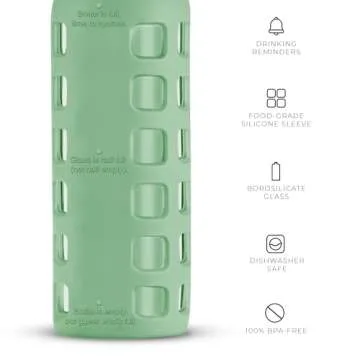 purifyou 40/32/22/12 oz Borosilicate Glass Water Bottles with Volume Markers, Silicone Sleeve, Stainless Steel Lid, Reusable Bottle for Water, Juice, Gym, and Fridge Storage (12oz Shale Green)