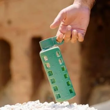 purifyou 40/32/22/12 oz Borosilicate Glass Water Bottles with Volume Markers, Silicone Sleeve, Stainless Steel Lid, Reusable Bottle for Water, Juice, Gym, and Fridge Storage (12oz Shale Green)