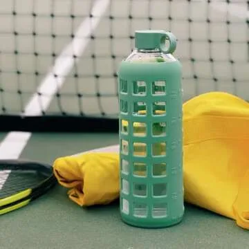 purifyou 40/32/22/12 oz Borosilicate Glass Water Bottles with Volume Markers, Silicone Sleeve, Stainless Steel Lid, Reusable Bottle for Water, Juice, Gym, and Fridge Storage (12oz Shale Green)