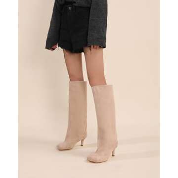 Chic VOMIYALL Beige Suede Knee High Boots for Women - Comfortable Slip-on Stiletto Heels
