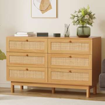 Bliss Homey Rattan Dresser for Bedroom, Modern 6 Drawer Dresser Kids Bedroom, Double Dresser with Wood Storage Organizer Chest of Drawers for Living Room, Nursery, Hallway