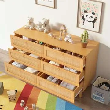 Bliss Homey Rattan Dresser for Bedroom, Modern 6 Drawer Dresser Kids Bedroom, Double Dresser with Wood Storage Organizer Chest of Drawers for Living Room, Nursery, Hallway