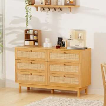 Bliss Homey Rattan Dresser for Bedroom, Modern 6 Drawer Dresser Kids Bedroom, Double Dresser with Wood Storage Organizer Chest of Drawers for Living Room, Nursery, Hallway