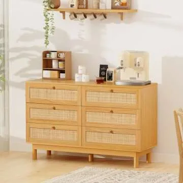 Bliss Homey Rattan Dresser for Bedroom, Modern 6 Drawer Dresser Kids Bedroom, Double Dresser with Wood Storage Organizer Chest of Drawers for Living Room, Nursery, Hallway