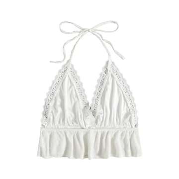 SweatyRocks Women's Deep V Neck Halter Crop Cami Top Sleeveless Vest Off White Medium