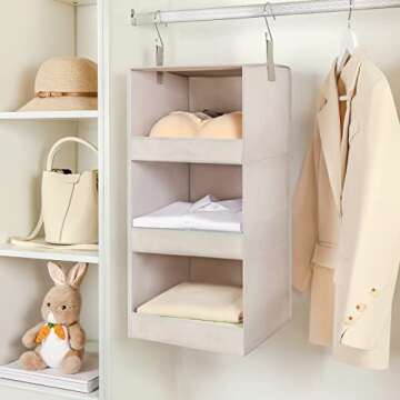 TOPIA HOME 3-Shelf Hanging Closet Organizer 2 Pack, Thickened Fabric Hanging Shelves, Closet Organization, Hanging Organizer for Kids, Hat, Bag, RV, Nursery, Sweater, 12.2" Wx 12.2" Dx31 H, Beige