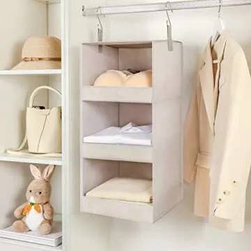 TOPIA HOME 3-Shelf Hanging Closet Organizer 2 Pack, Thickened Fabric Hanging Shelves, Closet Organization, Hanging Organizer for Kids, Hat, Bag, RV, Nursery, Sweater, 12.2" Wx 12.2" Dx31 H, Beige