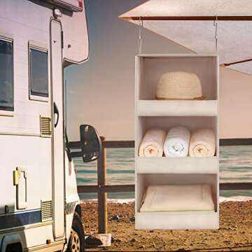 TOPIA HOME 3-Shelf Hanging Closet Organizer 2 Pack, Thickened Fabric Hanging Shelves, Closet Organization, Hanging Organizer for Kids, Hat, Bag, RV, Nursery, Sweater, 12.2" Wx 12.2" Dx31 H, Beige