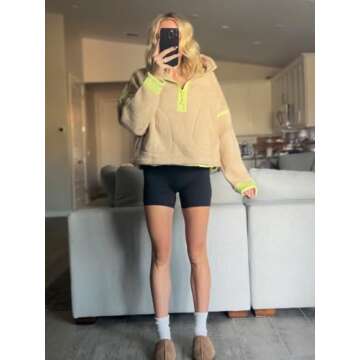 MAOECO Women Sherpa Fleece Jacket Half Zip Oversized Cropped Sweatshirt Casual Long Sleeve Fuzzy Pul...