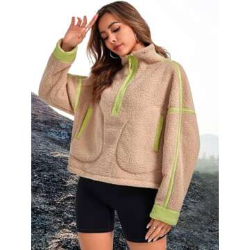 MAOECO Women Sherpa Fleece Jacket Half Zip Oversized Cropped Sweatshirt Casual Long Sleeve Fuzzy Pullover Fall Winter Outfits with Pockets Khaki S