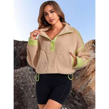 MAOECO Women Sherpa Fleece Jacket Half Zip Oversized Cropped Sweatshirt Casual Long Sleeve Fuzzy Pullover Fall Winter Outfits with Pockets Khaki S