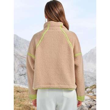 MAOECO Women Sherpa Fleece Jacket Half Zip Oversized Cropped Sweatshirt Casual Long Sleeve Fuzzy Pullover Fall Winter Outfits with Pockets Khaki S