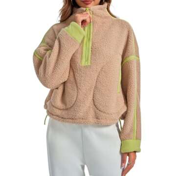 MAOECO Women Sherpa Fleece Jacket Half Zip Oversized Cropped Sweatshirt Casual Long Sleeve Fuzzy Pullover Fall Winter Outfits with Pockets Khaki S