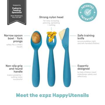 ezpz Happy Utensils - 24 Months+ (Blue) - BPA Free Toddler Utensils - Fork, Spoon and Knife for Todd...