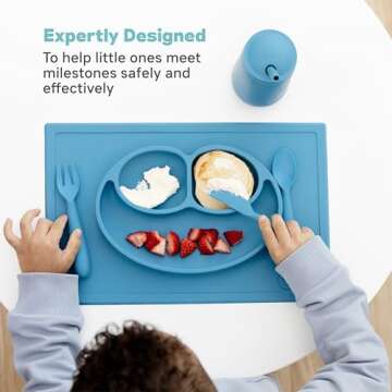 ezpz Happy Utensils - 24 Months+ (Blue) - BPA Free Toddler Utensils - Fork, Spoon and Knife for Toddlers and Preschoolers - Kids Utensils for Self-Feeding Development