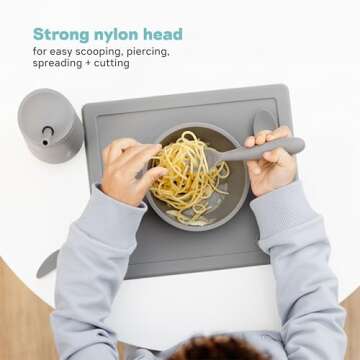 ezpz Happy Utensils - 24 Months+ (Blue) - BPA Free Toddler Utensils - Fork, Spoon and Knife for Toddlers and Preschoolers - Kids Utensils for Self-Feeding Development