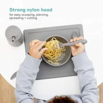 ezpz Happy Utensils - 24 Months+ (Blue) - BPA Free Toddler Utensils - Fork, Spoon and Knife for Toddlers and Preschoolers - Kids Utensils for Self-Feeding Development