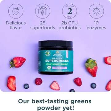 Ancient Nutrition SuperGreens Powder with Probiotics, Organic Berry Flavor Greens, Made from Real Fruits, Vegetables and Herbs, Digestive and Energy Support, 12 Servings, 3.2oz